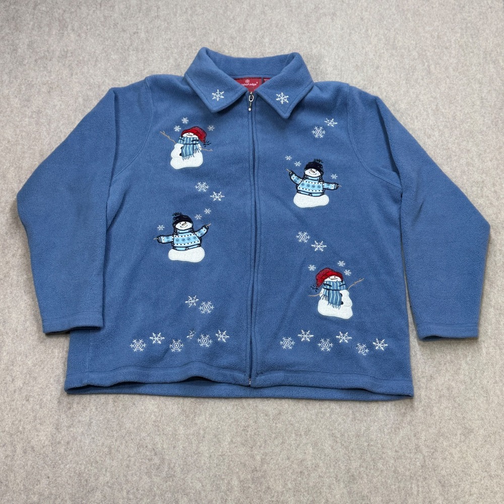 Snowman Winter Christmas Fleece Jacket Womens 1X Blue Grandmacore Holiday Lodge